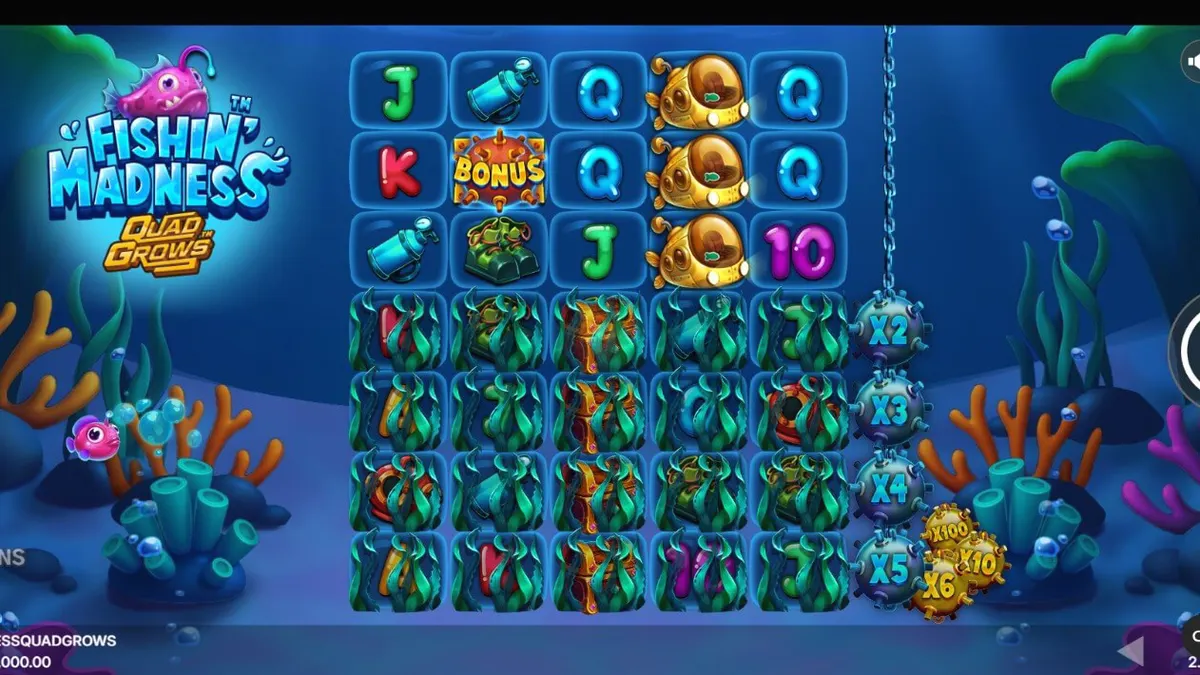 Tampilan visual slot Fishin’ Madness Quadgrows dengan tema bawah laut yang dinamis