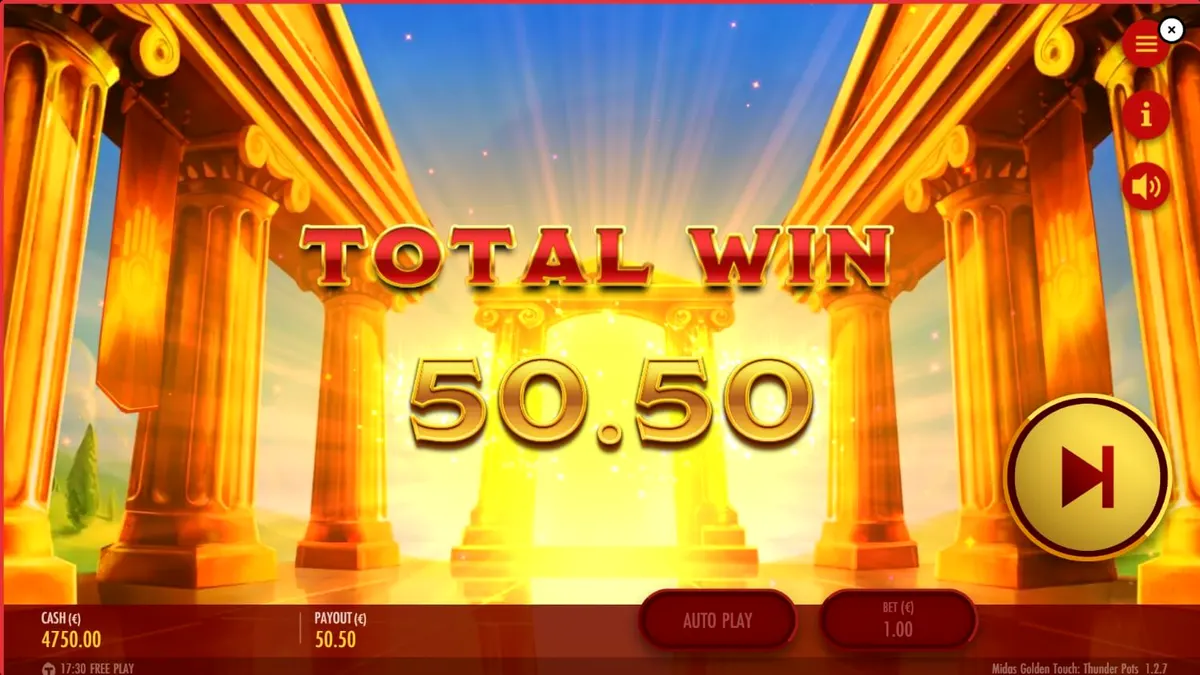 Midas Golden Touch: Thunder Pots slot game interface showing golden reels and treasure chests