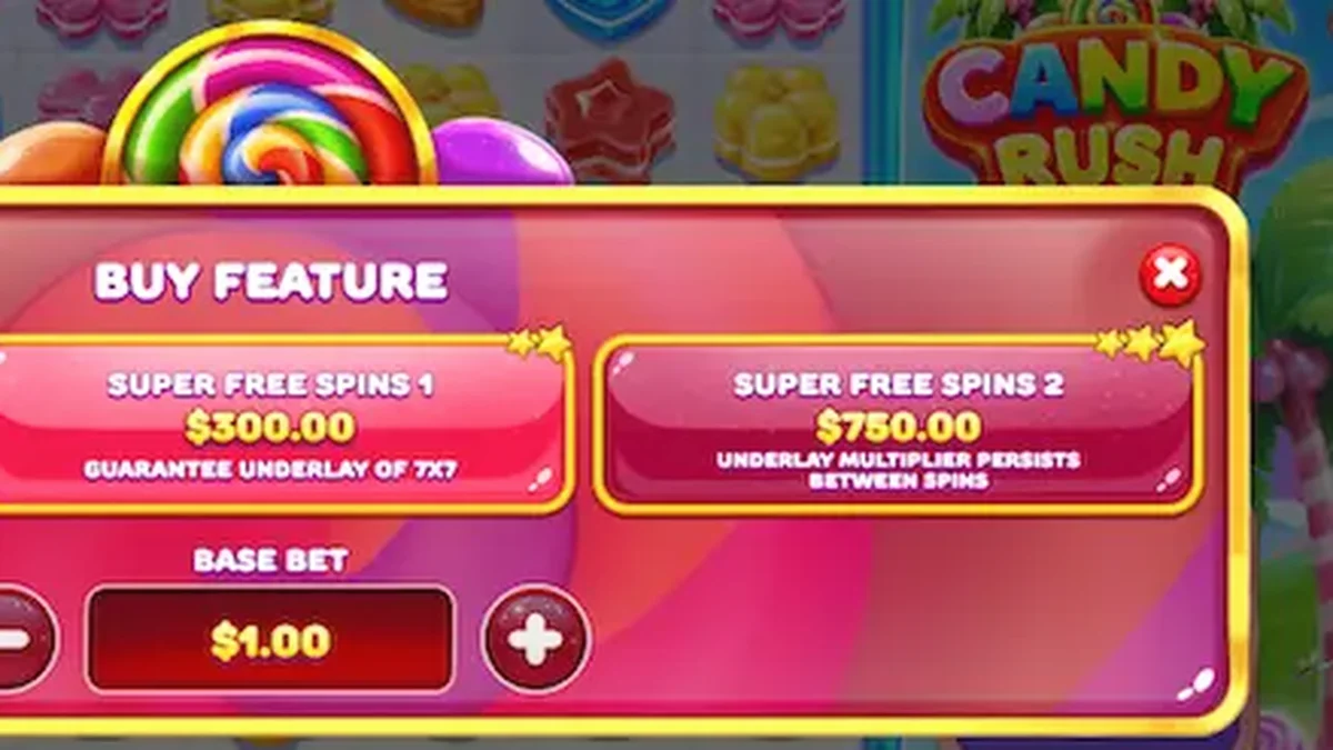 Tampilan visual slot Candy Rush dengan latar belakang tropis yang penuh warna